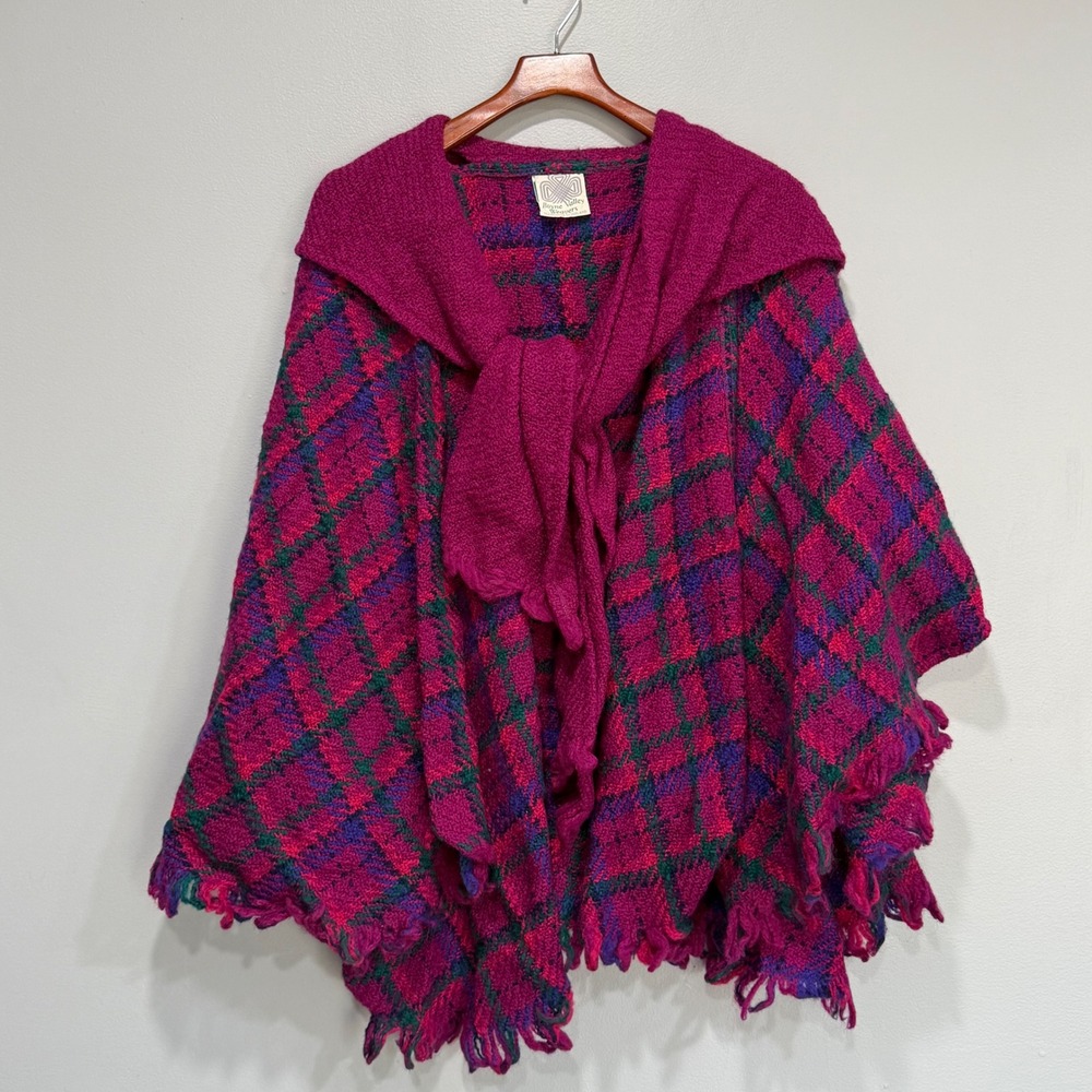 Boyne‎ Valley Weavers Handmade Ireland Wool Plaid Poncho Cape Scarf Magenta OS